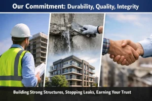 Indian engineers and construction team at BuildcareExpert waterproofing company ensuring quality waterproofing and structural strengthening work, focusing on durability and long-lasting results.